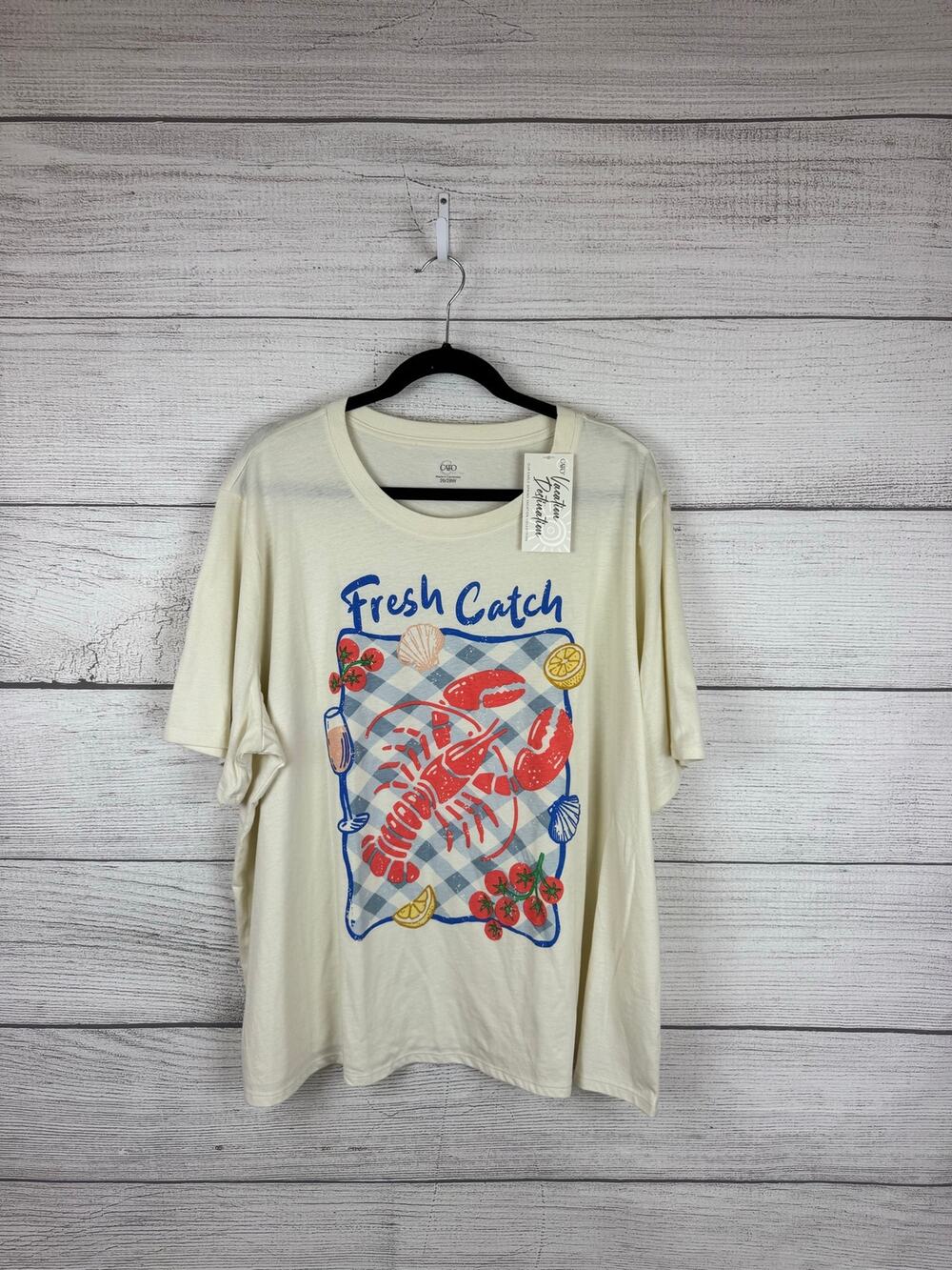 Cato Plus Size Ivory "Fresh Catch" Coastal Graphic Short Sleeve Tee Size 26/28W